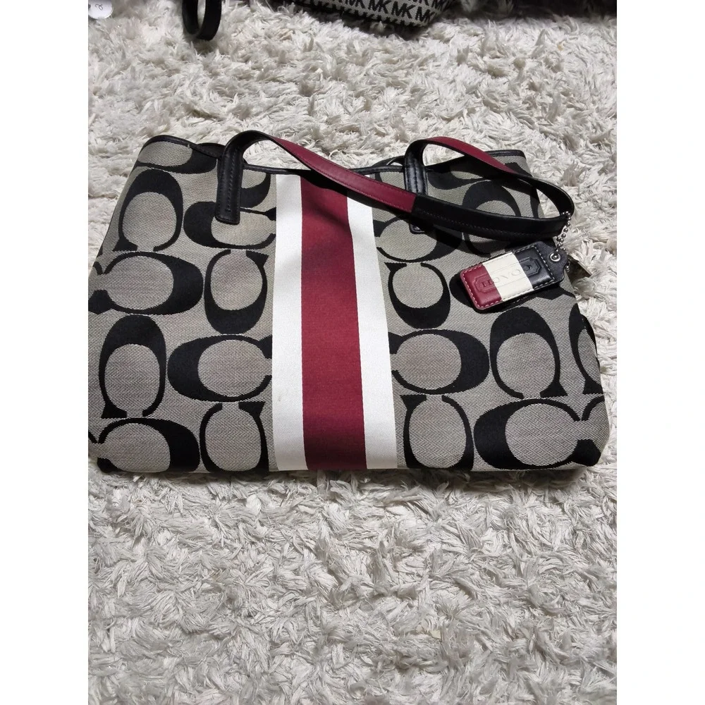 104.Coach Signature Stripe Tote Bag Black Grey Burgundy CanvasLeatherF1272-19299
